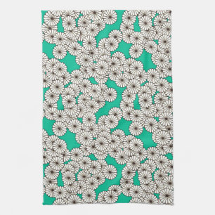 Art Deco bloempatroon - wit op turquoise Theedoek