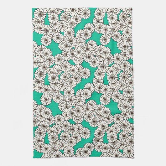 Art Deco bloempatroon - wit op turquoise Theedoek (Verticaal)