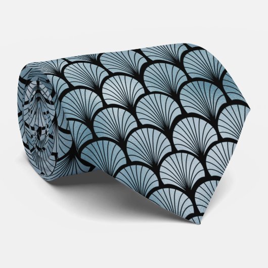 Art Deco Blue en Black Fan Pattern Stropdas (Opgerold)