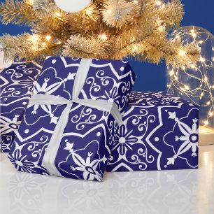 Art Deco Blue en White, Abstract vertakt patroon Cadeaupapier