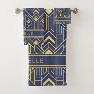 Art Deco Blue Gold Geometric Persoonlijke naam Bad Handdoek