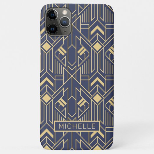 Art Deco Blue Gold Geometric Persoonlijke naam Case-Mate iPhone Case (Achterkant)