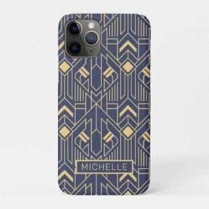 Art Deco Blue Gold Geometric Persoonlijke naam Case-Mate iPhone Case