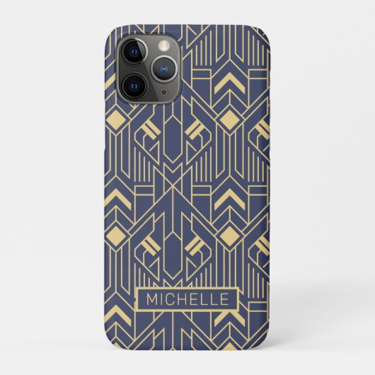 Art Deco Blue Gold Geometric Persoonlijke naam Case-Mate iPhone Case (Achterkant)