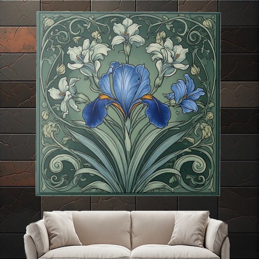  Art Deco Blue Iris Bloom Floral Motifs Botanical Tegeltje