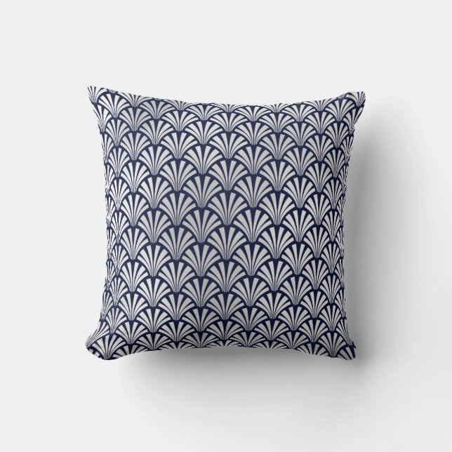 Art Deco Blue Navy Silver Grey Scales Seashells Kussen (Voorkant)