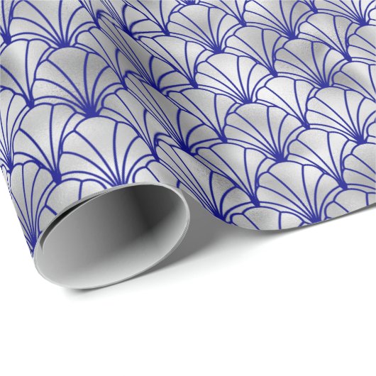 Art Deco Blue Silver Fan Shell Cadeaupapier (Rol Hoek)