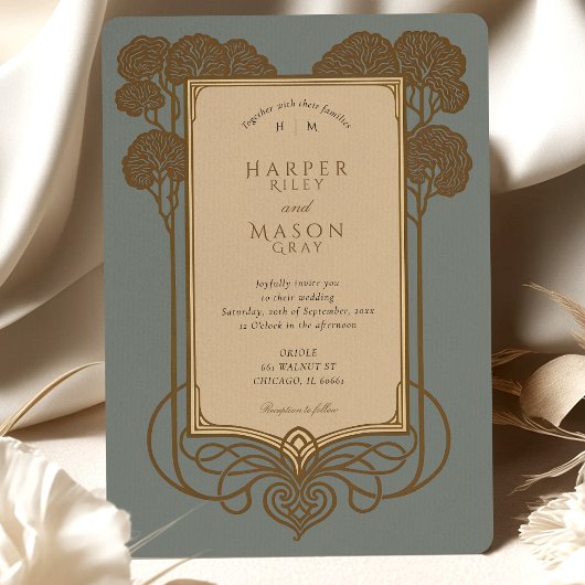 Art Deco Boom & Scrollwork Huwelijk Kaart