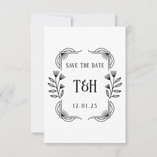 Art Deco Botanisch Monogram Trouw Save The Date Kaart (Voorkant)