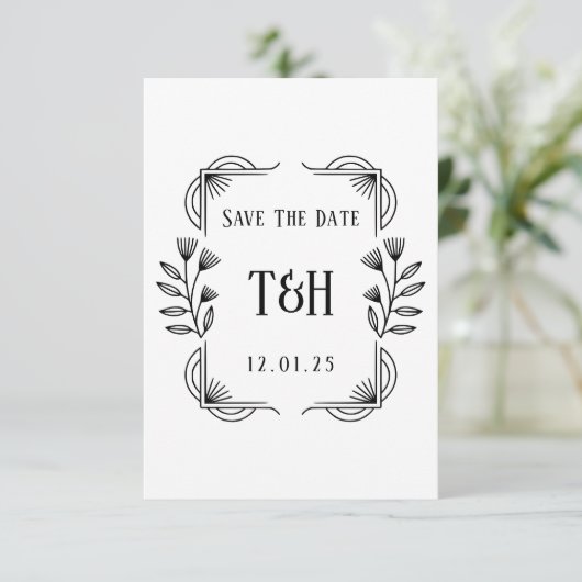 Art Deco Botanisch Monogram Trouw Save The Date Kaart (Staand voorkant)