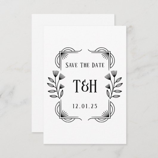 Art Deco Botanisch Monogram Trouw Save The Date Kaart (Voorkant / Achterkant)