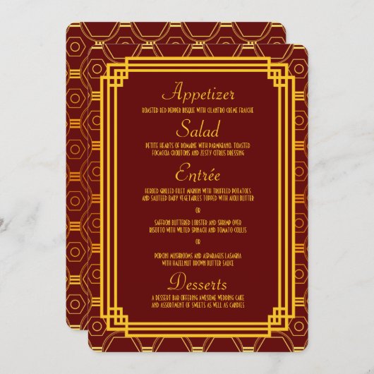 Art Deco Bourgogne Bruiloft Menu (Voorkant / Achterkant)