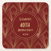 Art Deco Bourgondië & Goud 40ste Verjaardagsfeest Kartonnen Onderzetters (Voorkant)