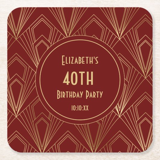 Art Deco Bourgondië & Goud 40ste Verjaardagsfeest Kartonnen Onderzetters (Voorkant)