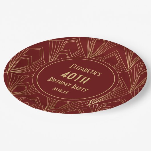 Art Deco Bourgondië & Goud 40ste Verjaardagsfeest Papieren Bordje (Gekanteld)