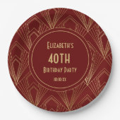 Art Deco Bourgondië & Goud 40ste Verjaardagsfeest Papieren Bordje (Voorkant)