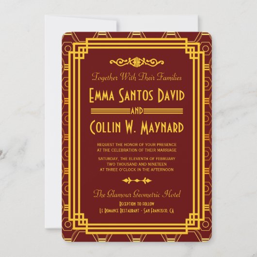 Art Deco Bourgondische bruiloft uitnodigt Kaart (Voorkant)