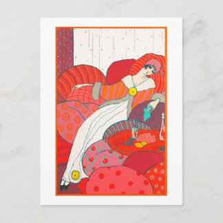Art Deco briefkaart 4 Vrouw in bed