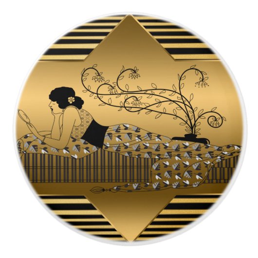 Art Deco Bronze Black Lady Relaxing Keramische Knop (Voorkant)