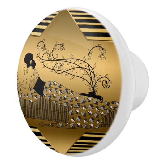 Art Deco Bronze Black Lady Relaxing Keramische Knop (Rechts)