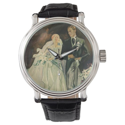 Art Deco bruid en bruidegom pasgetrouwd op een vin Horloge (Voorkant)