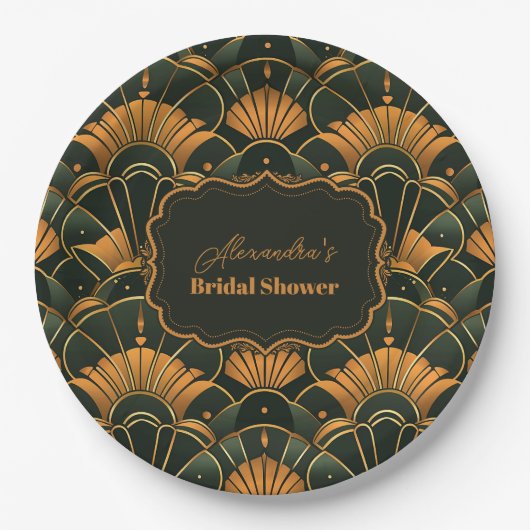 Art Deco Bruids Diamant Goud en Groen Papieren Bordje (Voorkant)