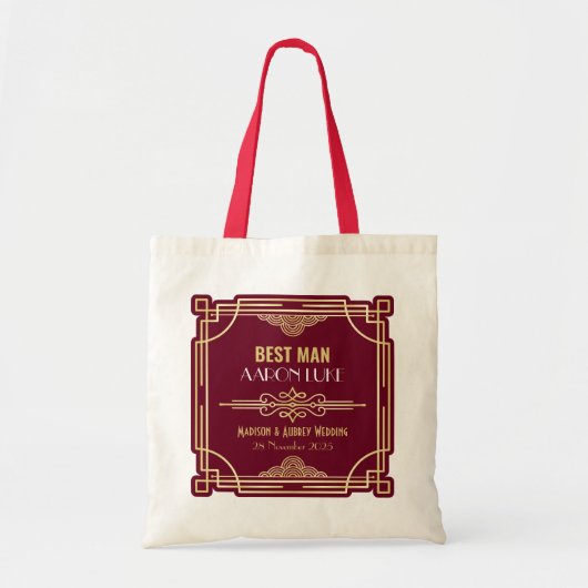Art Deco Bruiloft Beste Man Goud Bourgogne Favor Tote Bag (Voorkant)