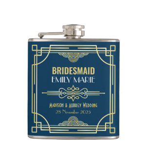 Art Deco Bruiloft Bruidsmeisje Goud Blauw Favor 19 Heupfles