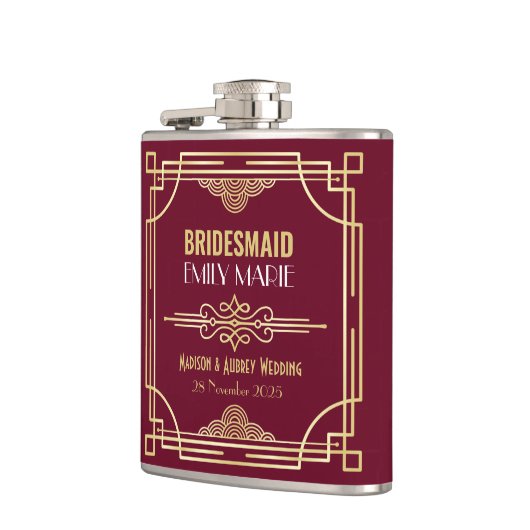 Art Deco Bruiloft Bruidsmeisje Goud Bourgondië Fav Heupfles (Links)
