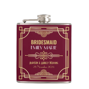 Art Deco Bruiloft Bruidsmeisje Goud Bourgondië Fav Heupfles