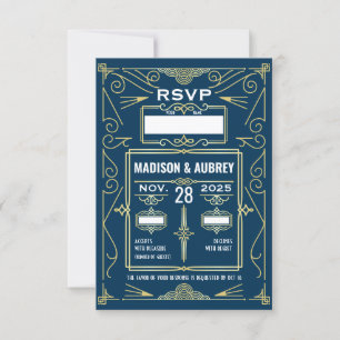 Art Deco Bruiloft Classy Goud Blauw RSVP Reactie