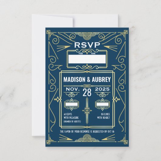 Art Deco Bruiloft Classy Goud Blauw RSVP Reactie (Voorkant)