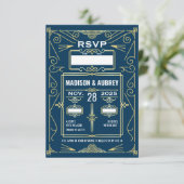 Art Deco Bruiloft Classy Goud Blauw RSVP Reactie Kaartje (Staand voorkant)