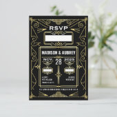 Art Deco Bruiloft Classy Goud Zwart RSVP Reactie (Staand voorkant)