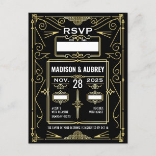 Art Deco Bruiloft Classy Goud Zwart RSVP Reactie Briefkaart