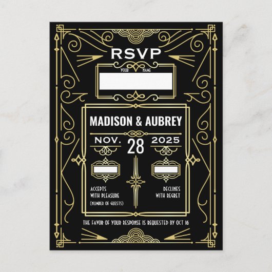 Art Deco Bruiloft Classy Goud Zwart RSVP Reactie Briefkaart (Voorkant)