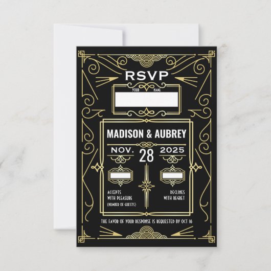 Art Deco Bruiloft Classy Goud Zwart RSVP Reactie Kaartje (Voorkant)