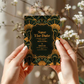 Art Deco bruiloft diamant goud en groen Save The Date