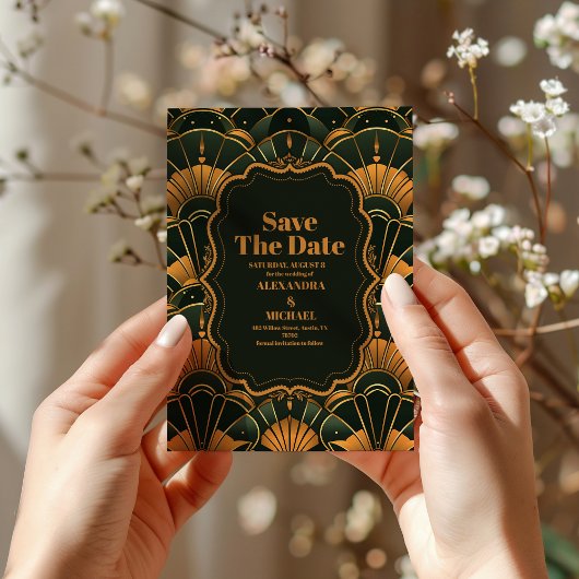 Art Deco bruiloft diamant goud en groen Save The Date