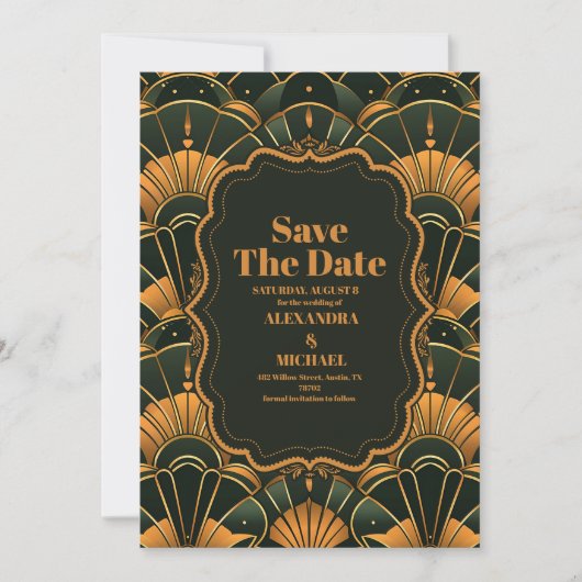 Art Deco bruiloft diamant goud en groen Save The Date (Voorkant)