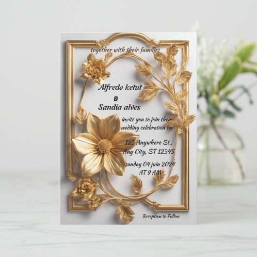 Art Deco Bruiloft Diamant wit en Gouden Folie Kaart (Staand voorkant)