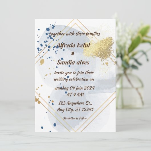 Art Deco Bruiloft Diamant wit en Gouden Folie Kaart (Staand voorkant)