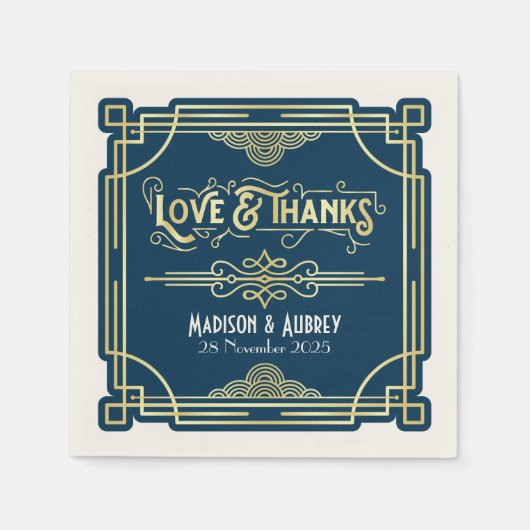 Art Deco Bruiloft Elegant Goud Blauw Gatsby Servet (Voorkant)