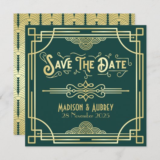 Art Deco Bruiloft Elegant Goud Groen Save The Date (Voorkant / Achterkant)