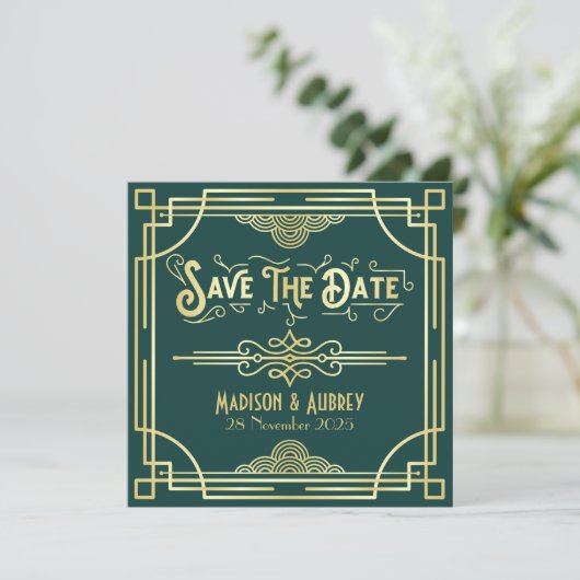 Art Deco Bruiloft Elegant Goud Groen Save The Date (Staand voorkant)
