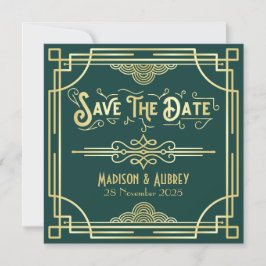 Art Deco Bruiloft Elegant Goud Groen Save The Date