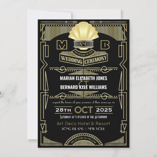 Art Deco Bruiloft Elegant Goud Zwart Grote Gatsby Kaart (Voorkant)