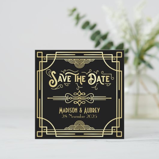 Art Deco Bruiloft Elegant Goud Zwart Grote Gatsby Save The Date (Staand voorkant)