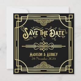 Art Deco Bruiloft Elegant Goud Zwart Grote Gatsby Save The Date