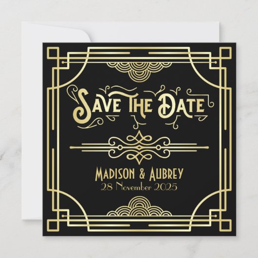 Art Deco Bruiloft Elegant Goud Zwart Grote Gatsby Save The Date (Voorkant)